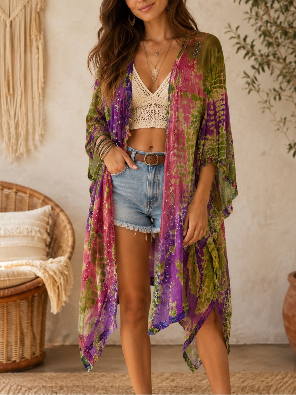 tie-dye kimono features intricate sequin embellishments along the front opening
